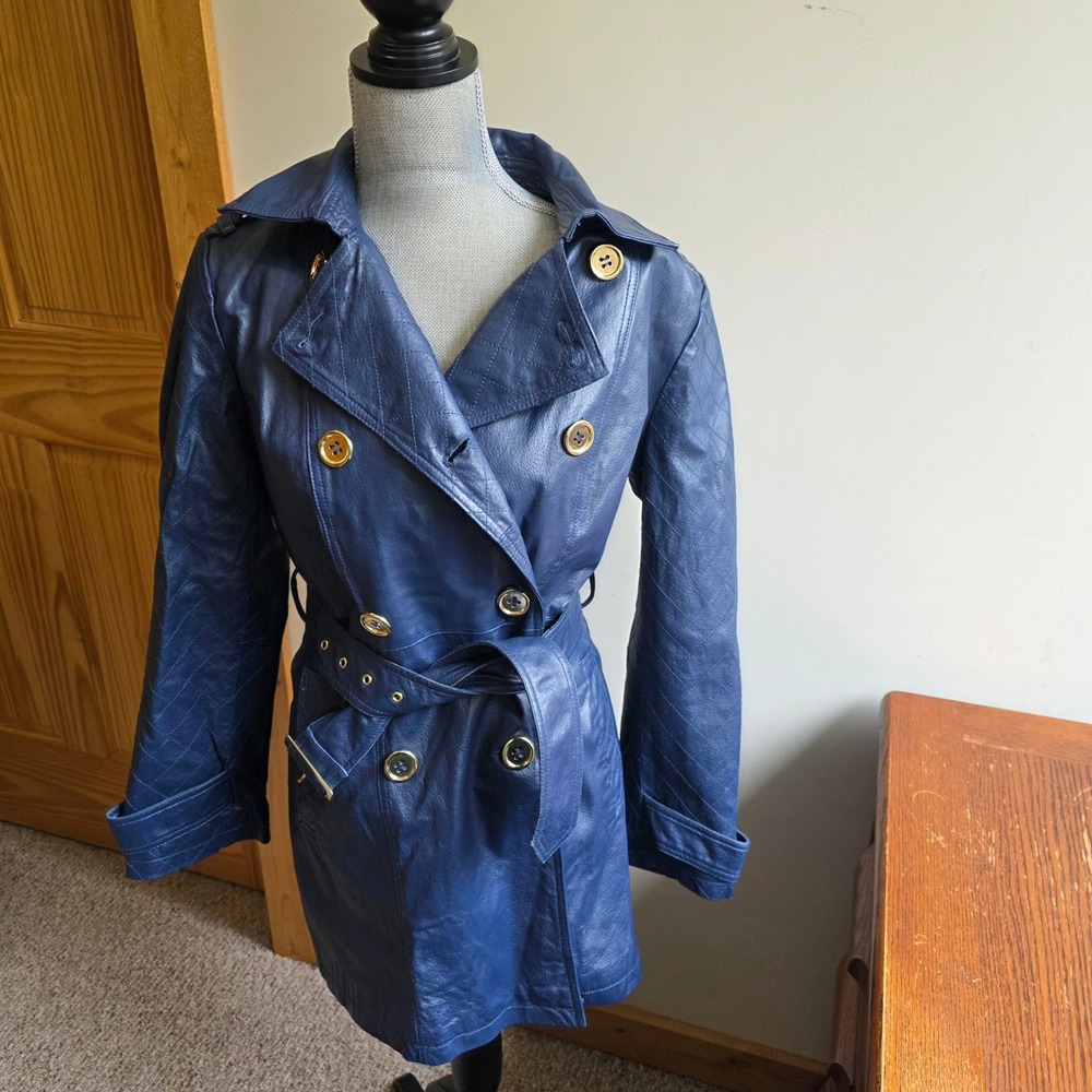 IMAN Blue Leather Trench Coat Double Breasted Belted 90s Main Character M